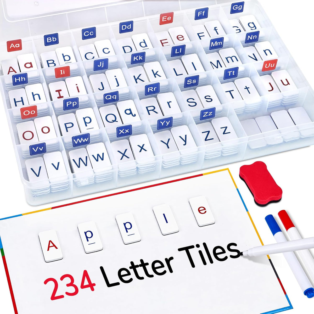 JoyCat magnetic letter tiles with red vowels, blue consonants, dry erase board and storage case