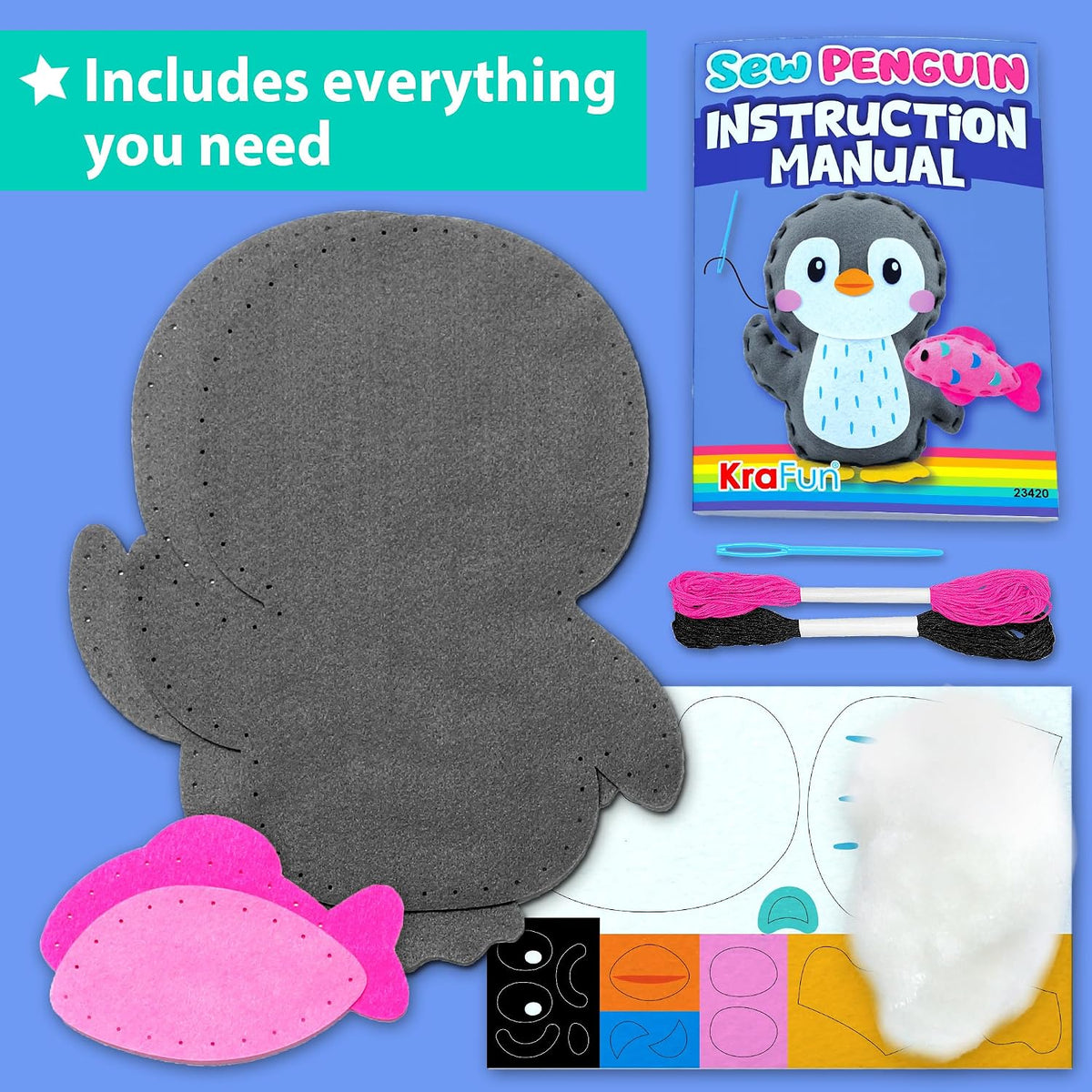 KRAFUN Beginner Sewing Kit, Sew Kitten & Mouse, Pre-Cut Felt - Penguin - image 2