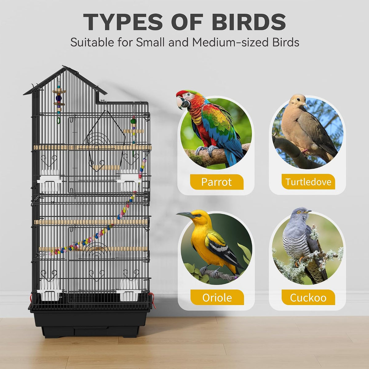 DWVO 62-inch Metal Bird Cage for Cockatiels, Parrots, Pigeons – Essentials for Birds - Black - image 3