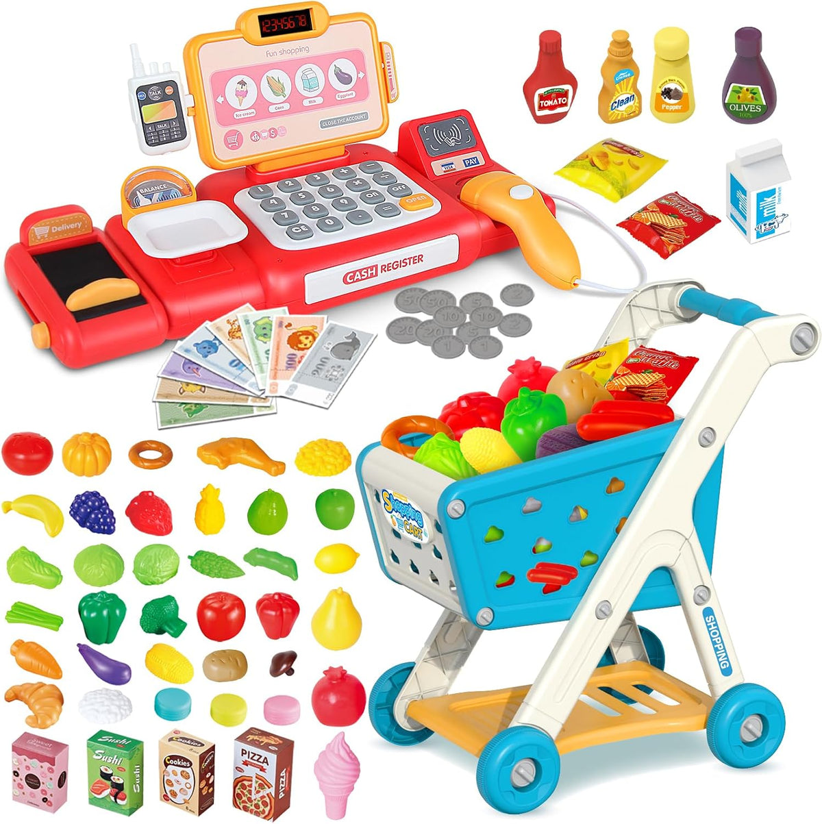Yalujumb kids shopping cart play set with cash register, scanner and pretend food