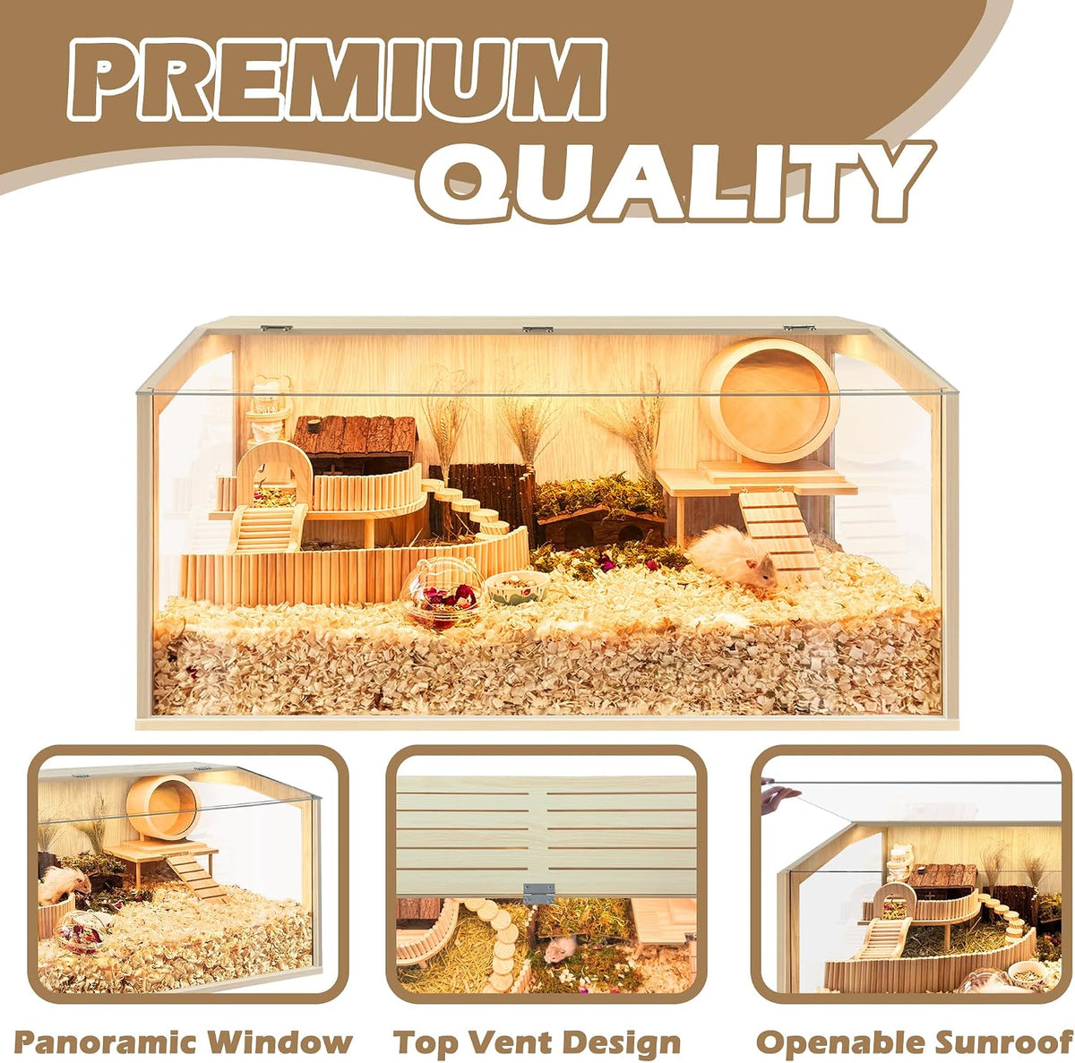 Hamster Cage Chewproof, Large Hamster Cages and Habitats - Natural Oak Wood / 48"L x 20"W x 20"H / Openable Window Roof - image 4