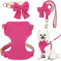 Small Dog Collar Harness and Leash Set with Bowtie - Rose-Harness / M: Neck 13-22", Chest 16-21"