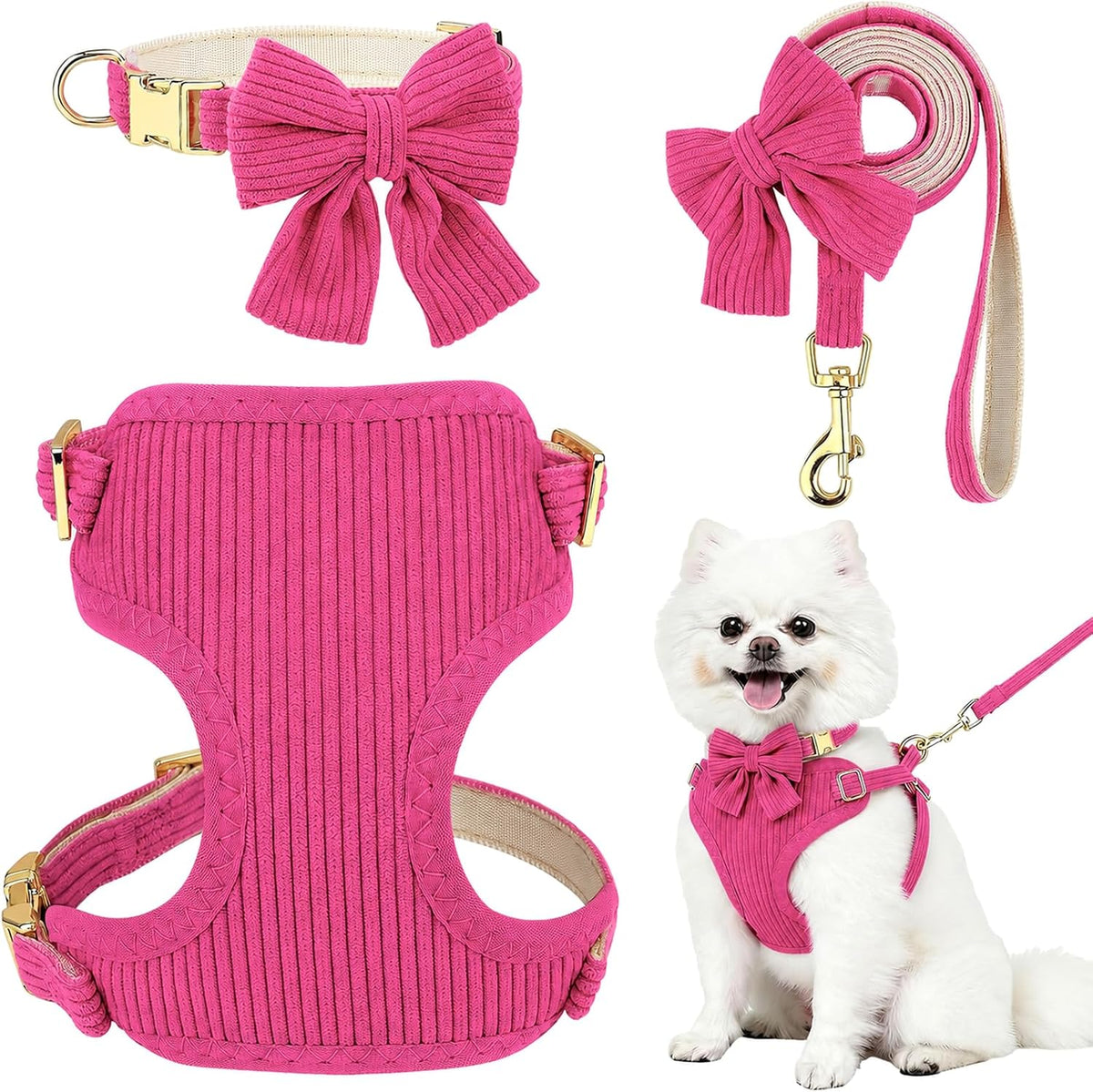 Small Dog Collar Harness and Leash Set with Bowtie - Rose-Harness / M: Neck 13-22", Chest 16-21"