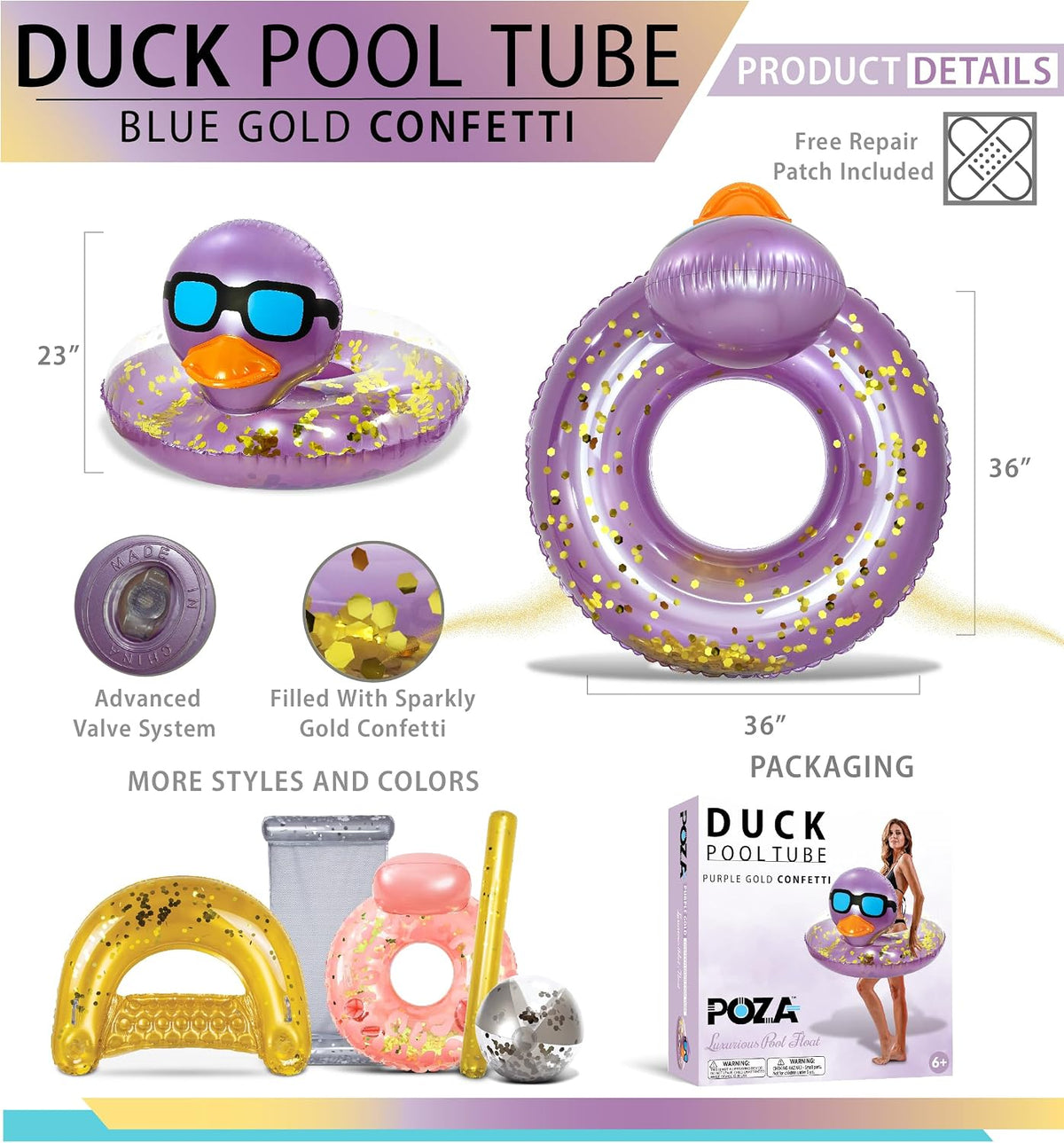 POZA inflatable duck pool float tube with gold confetti, sunglasses and orange beak - view 19