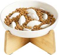 PETTOM Slow Feeder Cat Bowl Elevated Ceramic with Bamboo Stand - White Fish