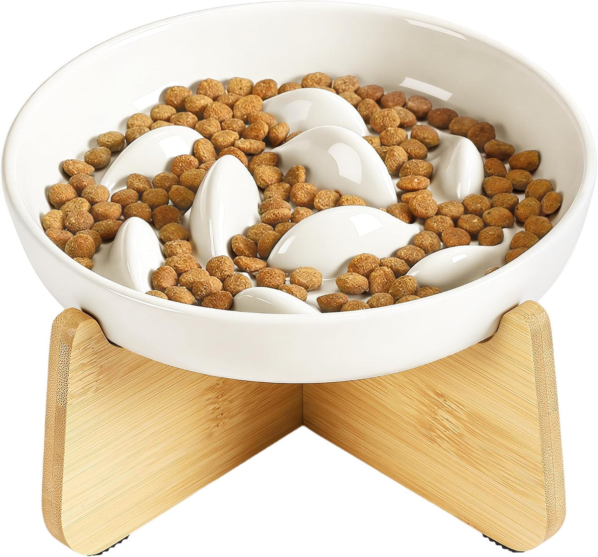 PETTOM Slow Feeder Cat Bowl Elevated Ceramic with Bamboo Stand - White Fish