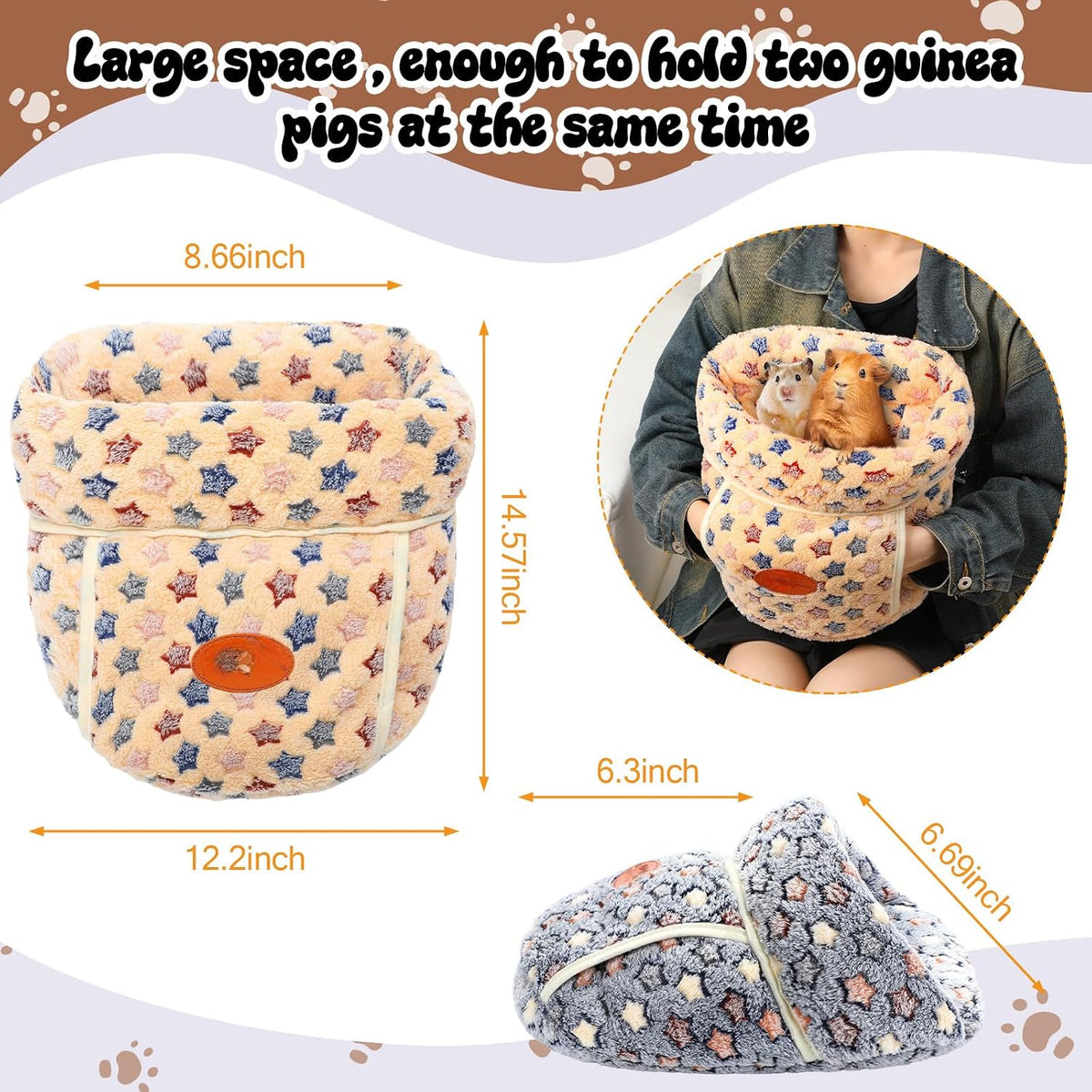 2 Pcs Guinea Pig Fleece Hideouts, Blue, Khaki, Star – Daily Care for Small Pets - Blue, Khaki / Stars - image 2