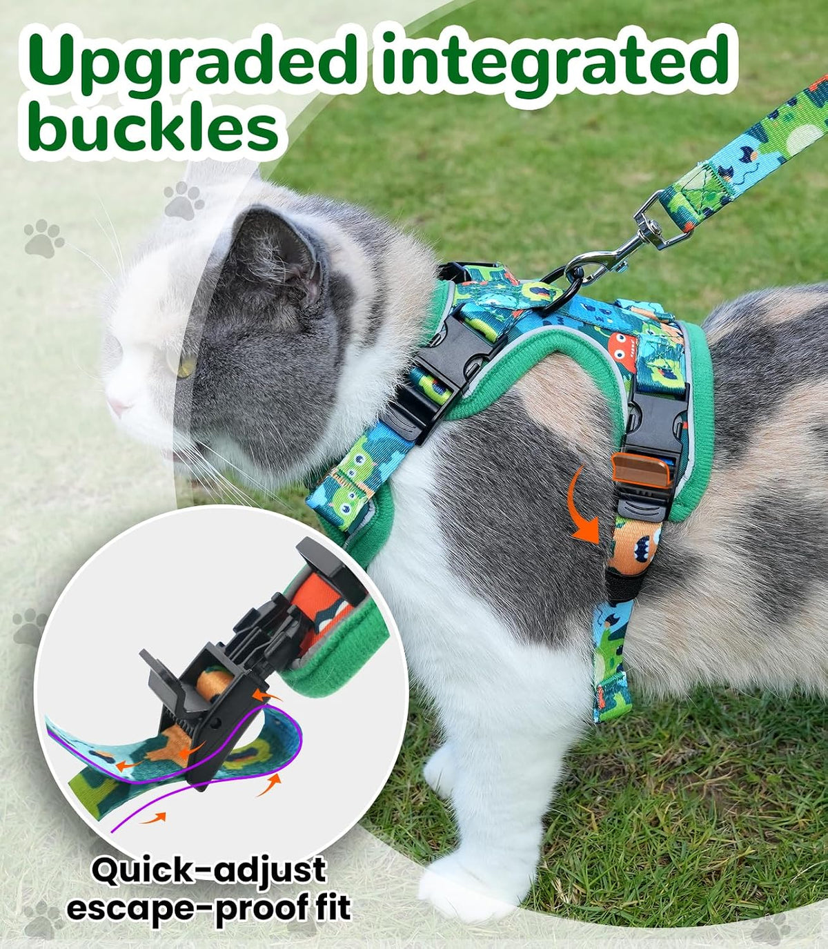 Cat Harness and Leash Set, Escape Proof Kitten Harness, Black - H604 Pro Green Monster / Small (7-12lb) - image 3