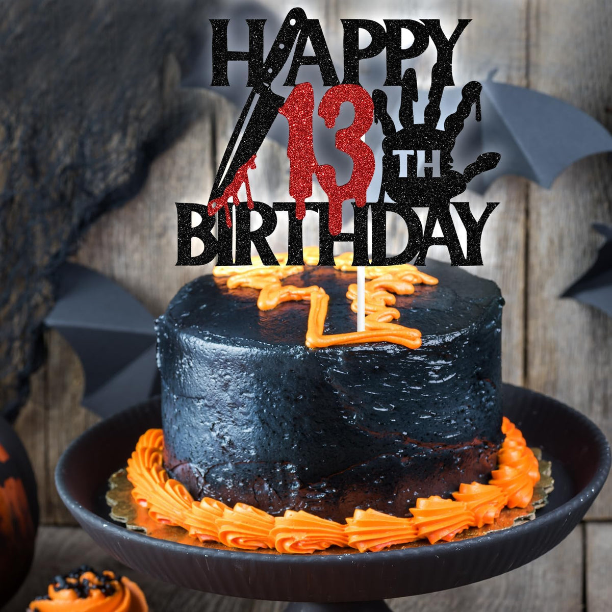 Black glitter Killer Happy 13th Birthday cake topper for a horror Halloween party - view 16