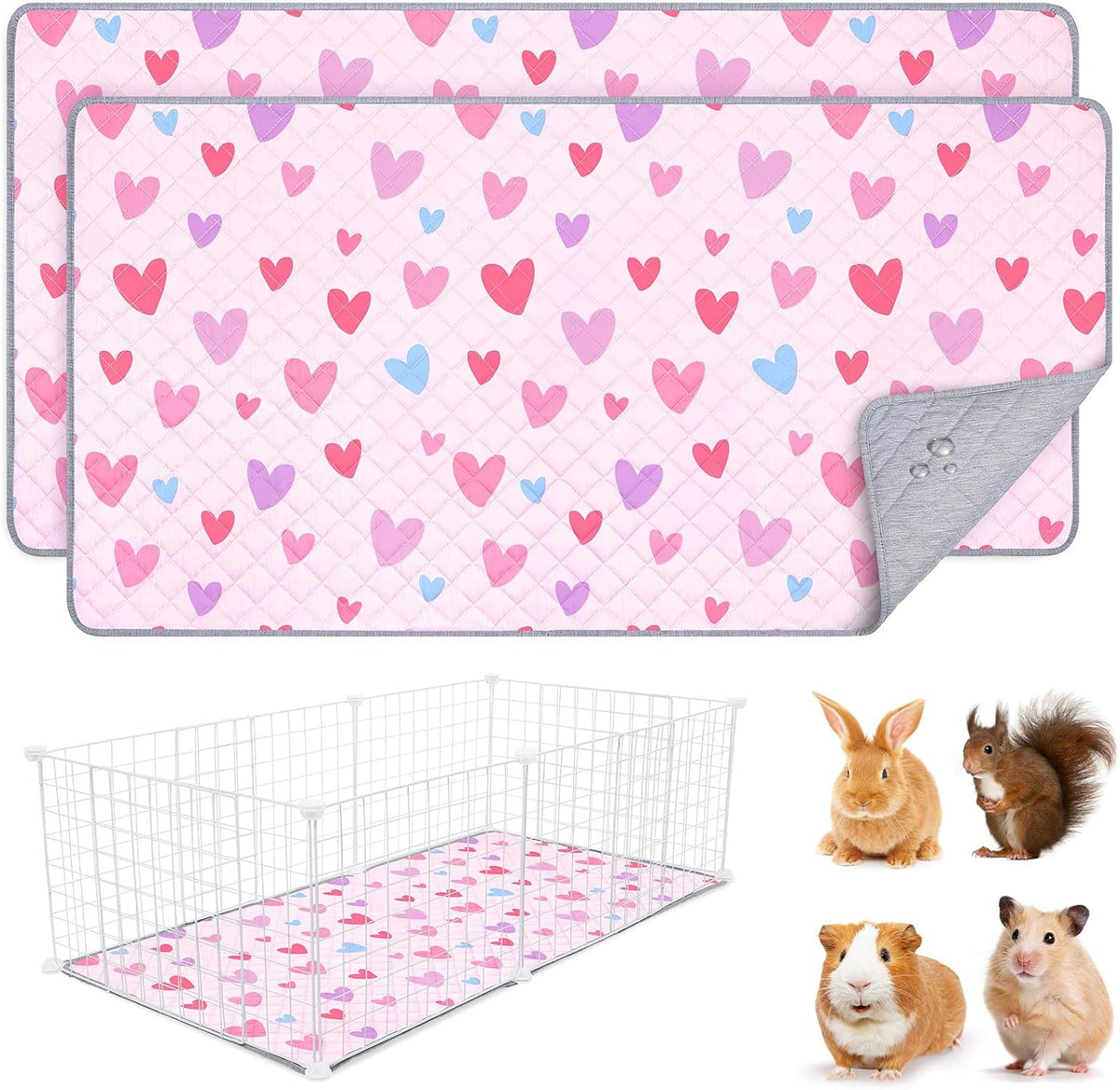 Unicorn Catcher 2 Pack Washable Guinea Pig Cage Liner - Pink Heart / 47X24in