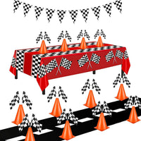 YOELVN race car party cones, six orange 7 inch traffic cones holding checkered flags - view 4