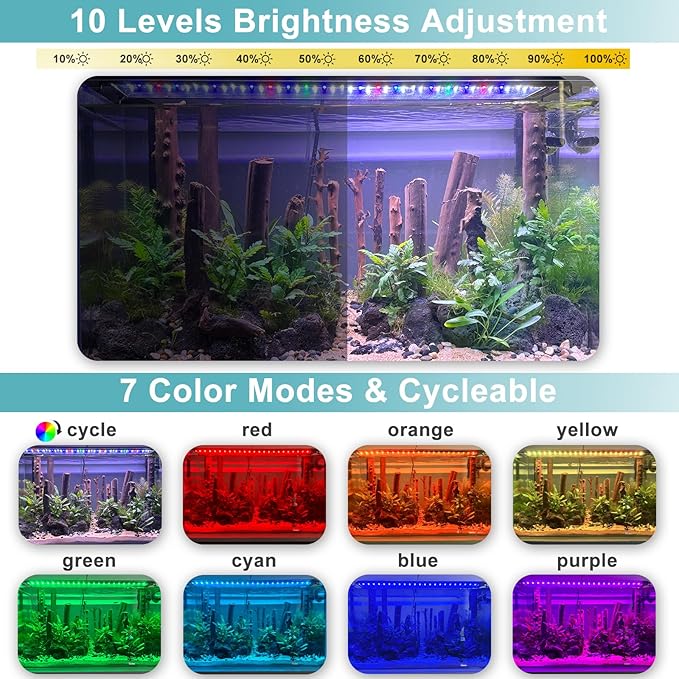 24/7 LED Aquarium Light, IP68 Waterproof Extendable Bracket Fish Tank Light with Timer, 7 Colors, 10 Level Adjustable Brightness, DIY Mode Full Spectrum Aquarium Plant Light for 12-18 Inch Fish Tank