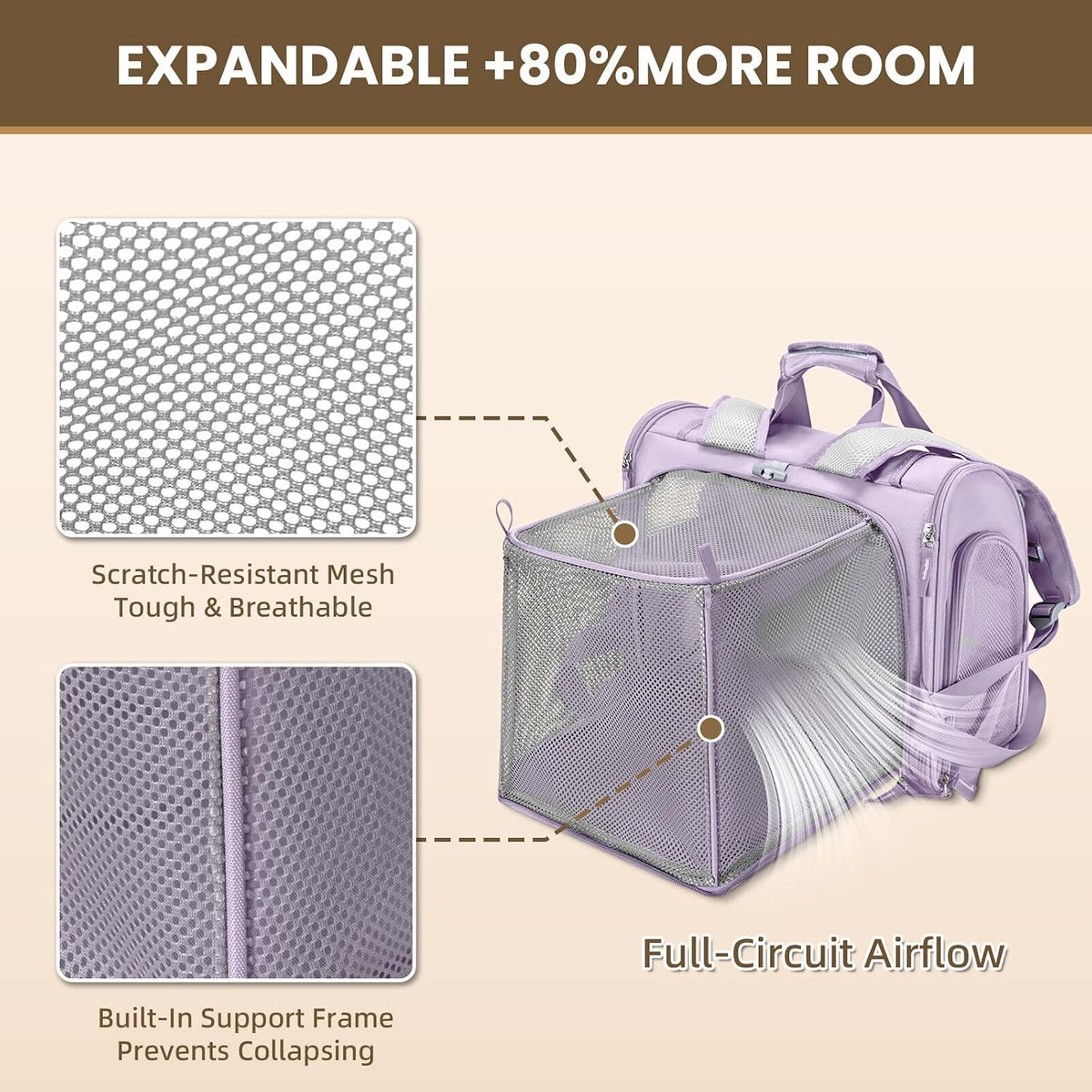 Expandable Large Cat Carrier Backpack, Supports up to – Essentials for Dogs - 16.5"L x 10.2"W x 15.8"H / Lavender - image 3