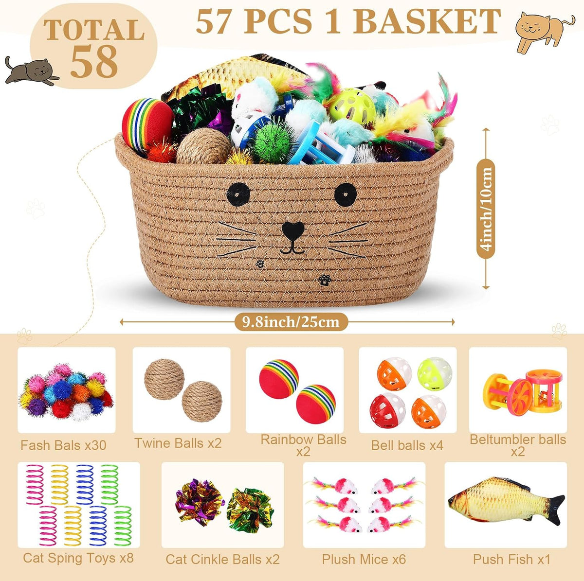 Zopeal 58 Pcs Cat Toy Set with Storage Basket Indoor, Grey - Khaki / 9.8 Inch - image 2