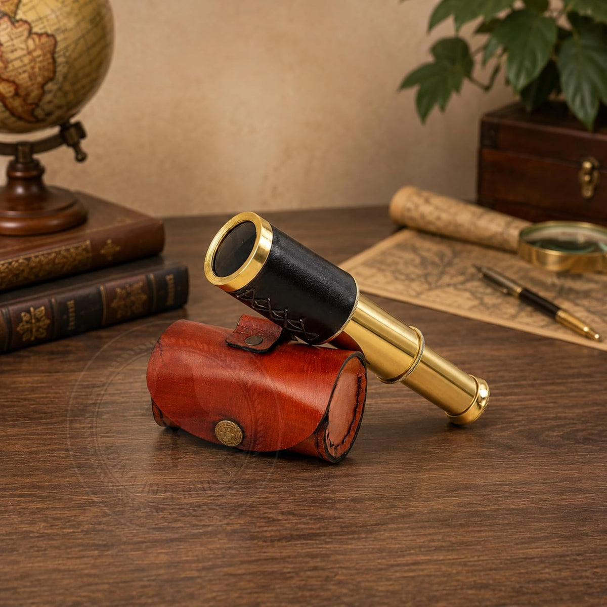 Nagina International 6 inch handcrafted solid brass spyglass telescope with brown synthetic leather case