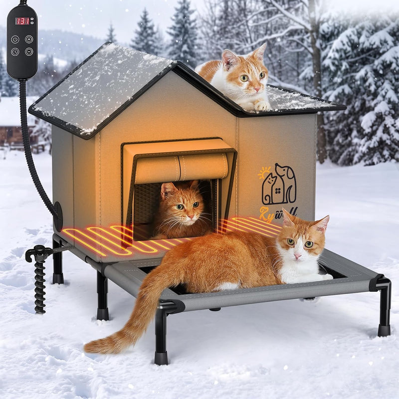Rywell Heated Cat House, Weatherproof Insulated Outdoor Cat Shelter Timer – Essentials for Cats - Grey / Heated