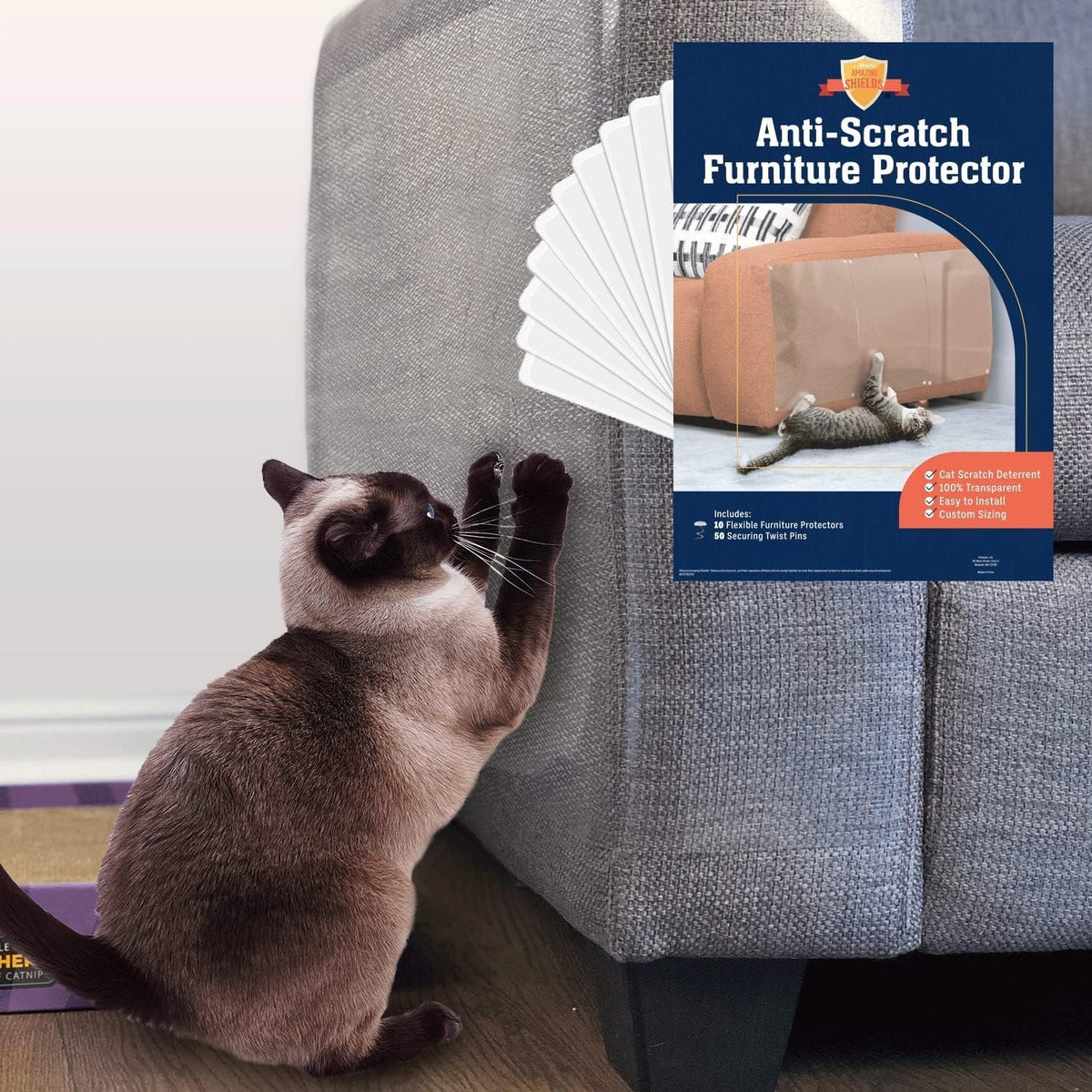 Cat Scratch Furniture Protector - 10 XL Shields + Twist Pins