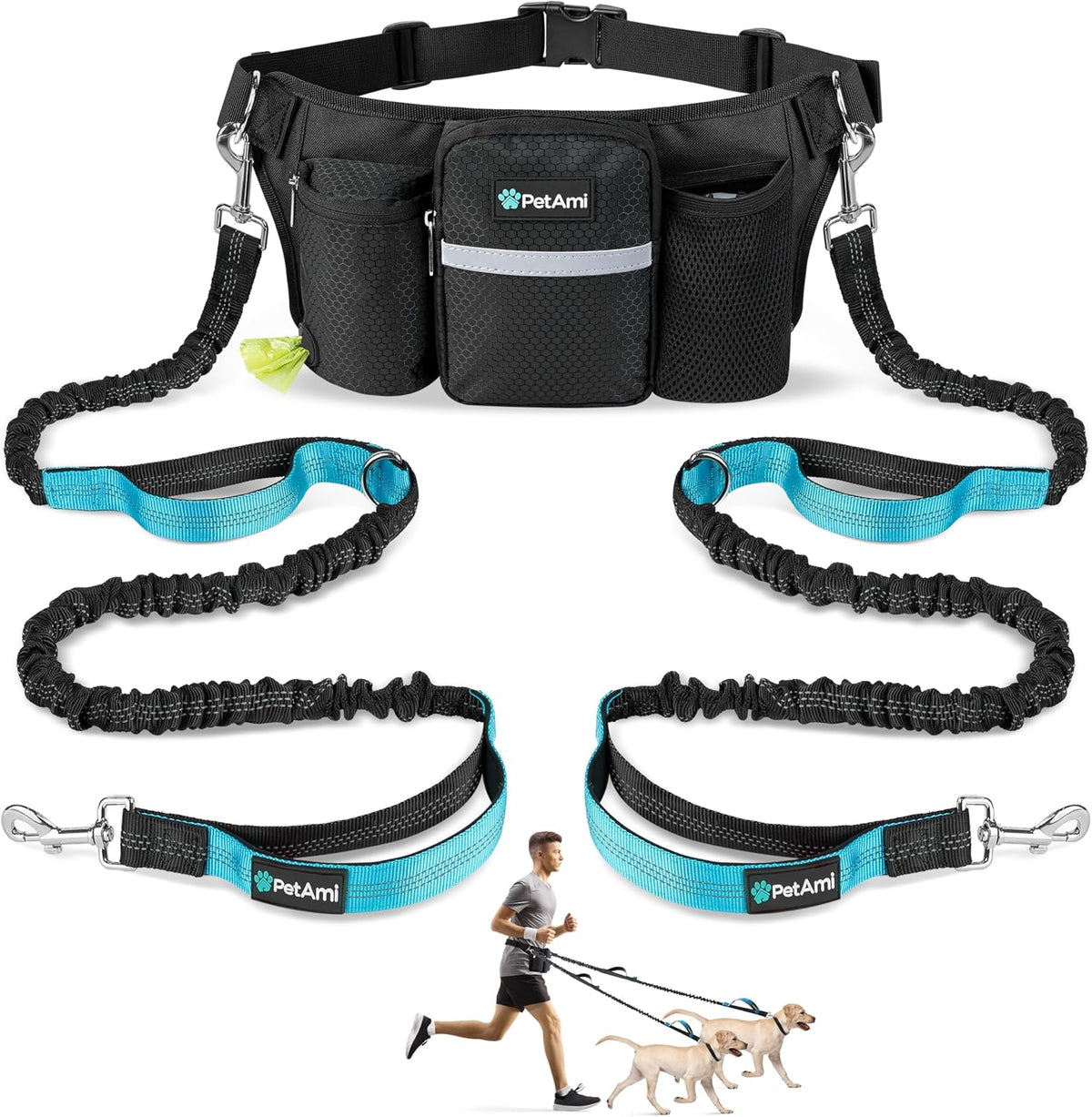 PetAmi Premium Hands Free Dog Leash for 2 Dogs - Black / 2 Leashes