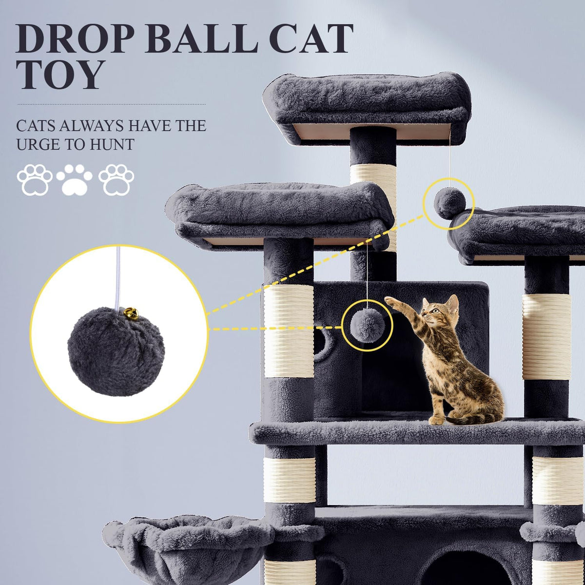 Allewie 68 Inches Cat Tree/House and Towers for Big Feline/Scratching - 68 in / Smoky Grey - image 3