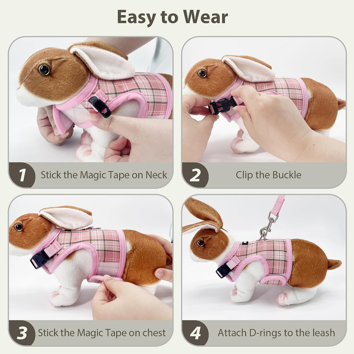 Plaid Breathable Rabbit Harness and Leash Set Escape Proof - Pink / L - image 4