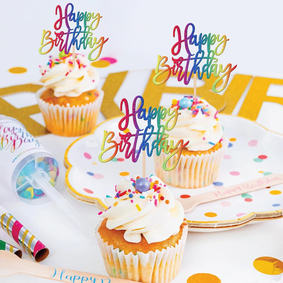 24 PCS Happy Birthday Cupcake Toppers Glitter Picks for Celebrating - Colorful - image 4