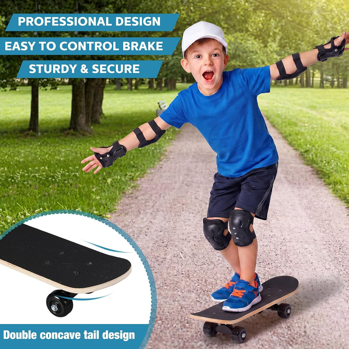 Honoson kids skateboard set with dinosaur print maple deck and black knee pads, elbow pads and wrist - view 16