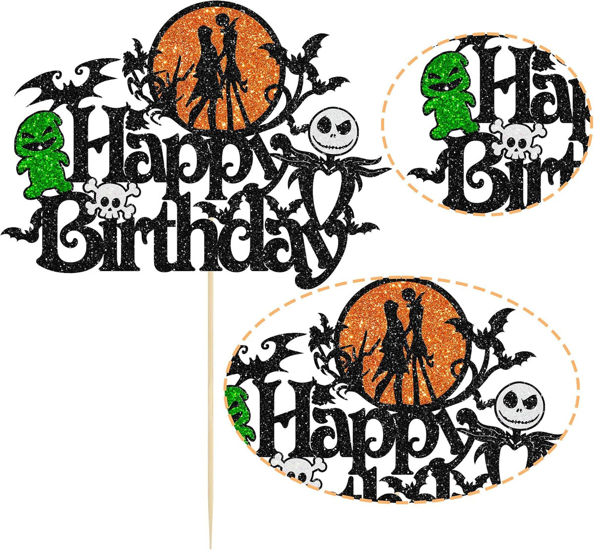 Gyufise black glitter Halloween happy birthday cake topper with half moon, house, pumpkin, ghost and - view 27