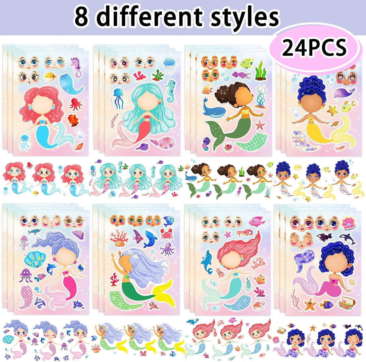 24 Sheets Make a Face Stickers for Kids Toddlers Party Favors Crafts – Fun for Kids & Family - Mermaid - image 2