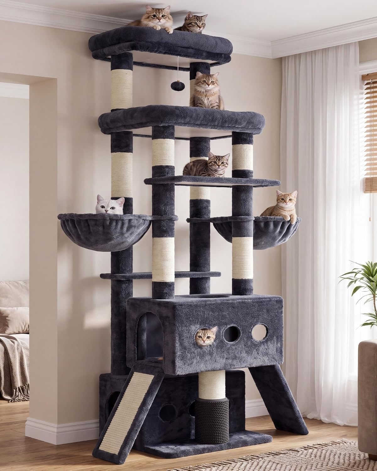 Hey-brother Cat Tree Tower with Large Platform, Spacious Condo - Smoky Gray / 71.5 Inches