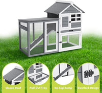 2-Tier Rabbit & Chicken House,Wooden Chicken Coop & Bunny Cage with Non-Slip Ramp, 4 Doors,Waterproof Roof & Pull-Out Tray,Outdoor/Indoor Pet Cage