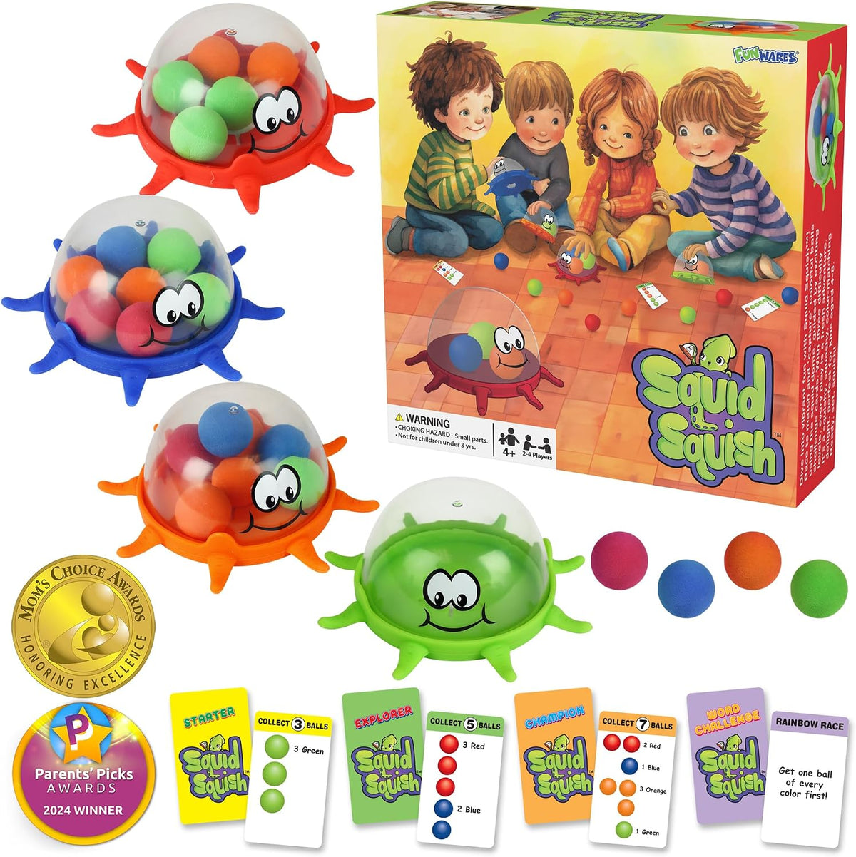 Funwares Squid Squish floor game with 4 squid domes, foam balls and challenge cards