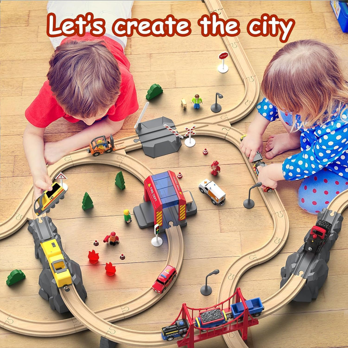 Giant bean 72PCS Fire Station Wooden Train Track Electric Train Set – Fun for Kids & Family - Fire Station Train Set - image 3