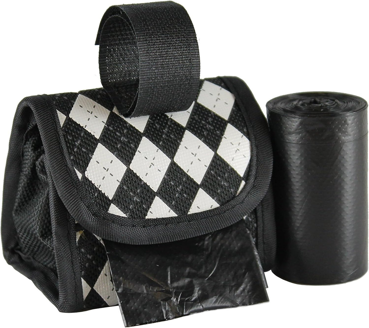 FiveStarPet Purse Style Dispenser with 2 Rolls Made in USA Easy Open - White Black Argyle