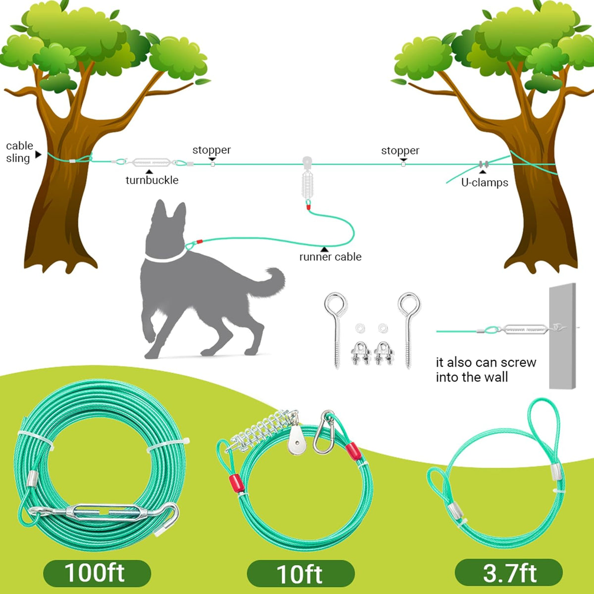 PAWNISAW Dog Runner Cable for Yard - Green / 100 FT - image 2