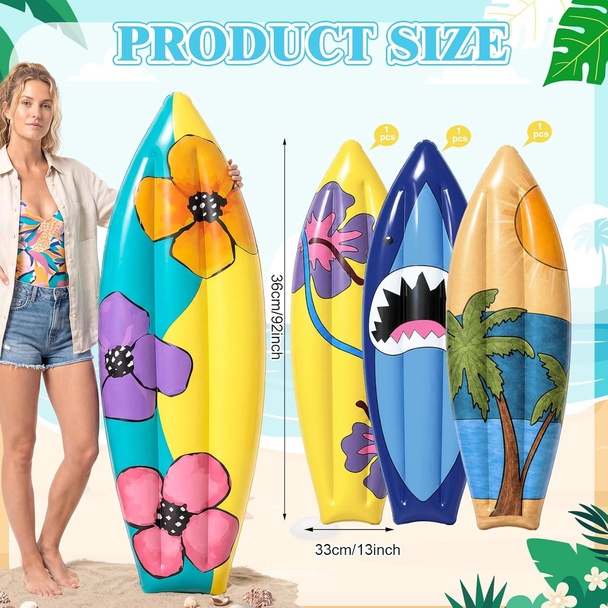 JellyArch inflatable surfboard decorations with tropical flower print, set of 4 - view 18