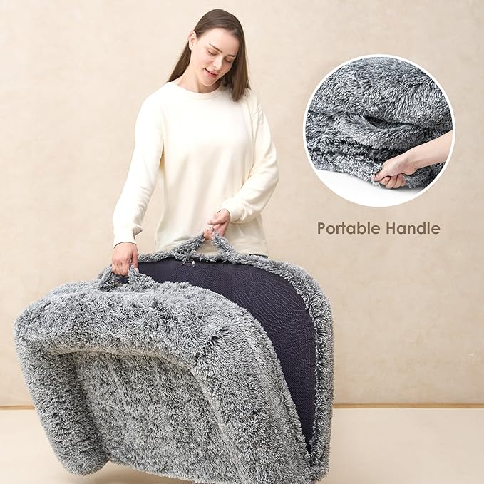 EHEYCIGA Human Dog Bed for Kids, Foldable XXL Dog Bed, Faux Fur Fluffy Pet Couch Bed, Orthopedic Calming Memory Foam Big Pet Bed, Washable Pet Sofa Bed with Non-Slip Bottom, Grey, 54"x38"x7.5"