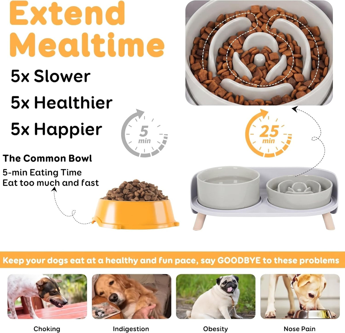 Elevated Slow Feeder Dog Bowls with Splash Proof Stand - Medium / Grey - image 2