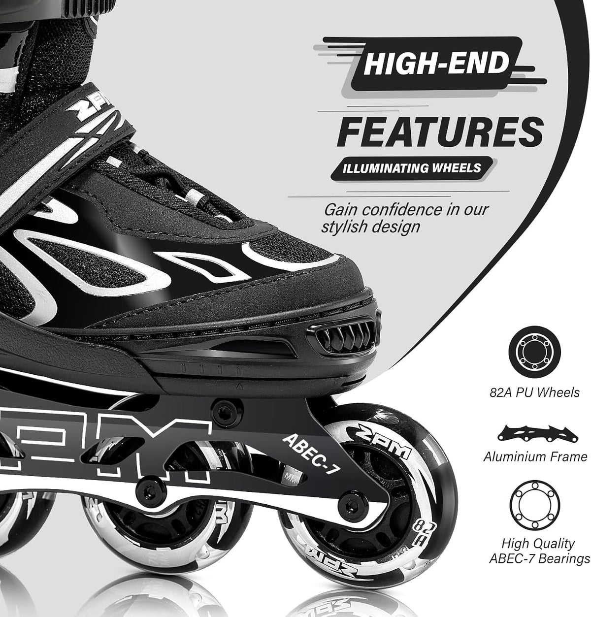 2PM SPORTS Adjustable Inline Skates for Kids, Youth and Adults - Silver / Large - Youth (4.5-8 US) - image 3