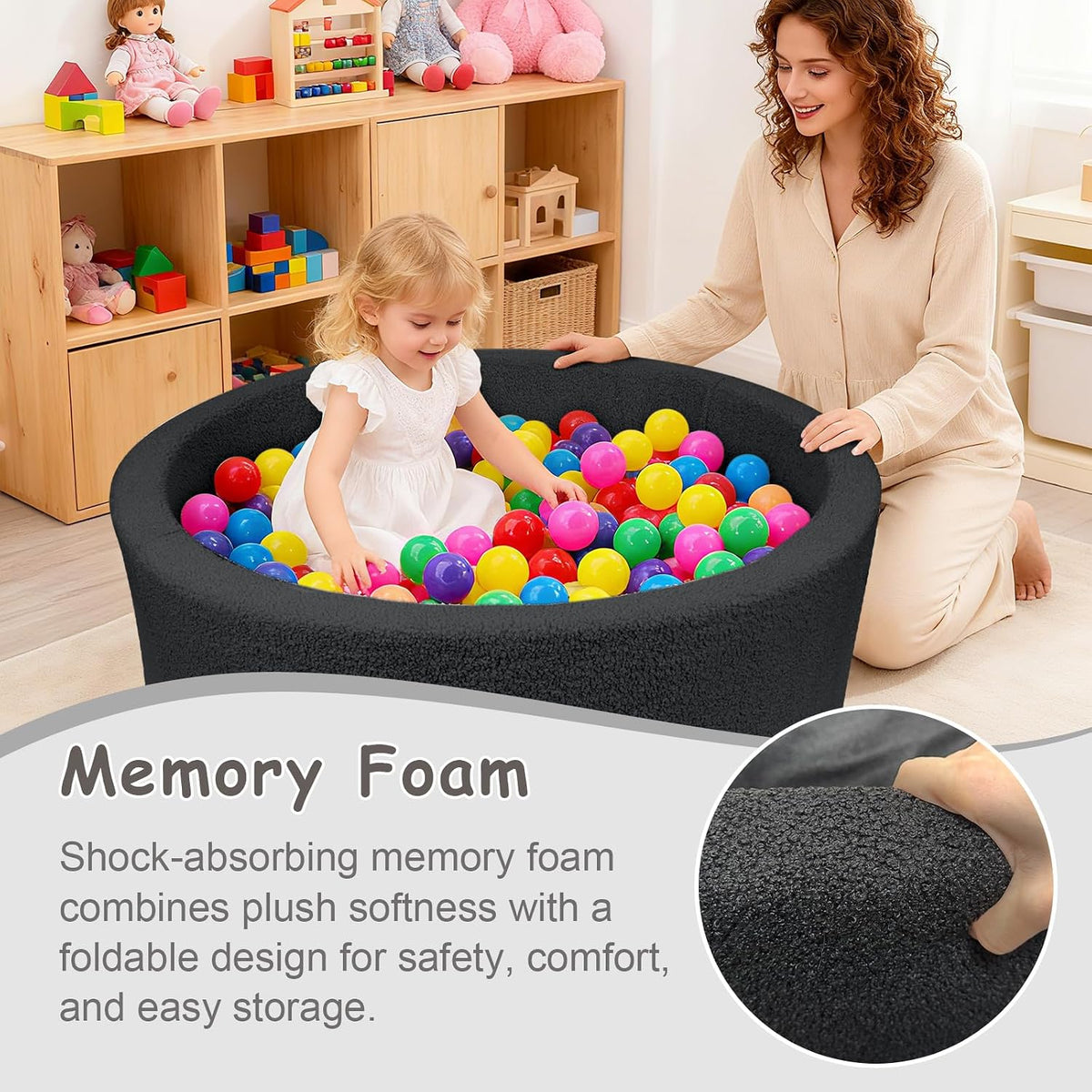 MEOGETY beige teddy fleece foam ball pit for toddlers with soft round walls - view 17