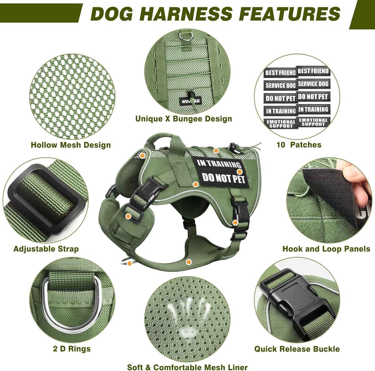WINSEE Service Dog in Training Mesh Harness with 10 Removale Pet - Large / Green - image 4