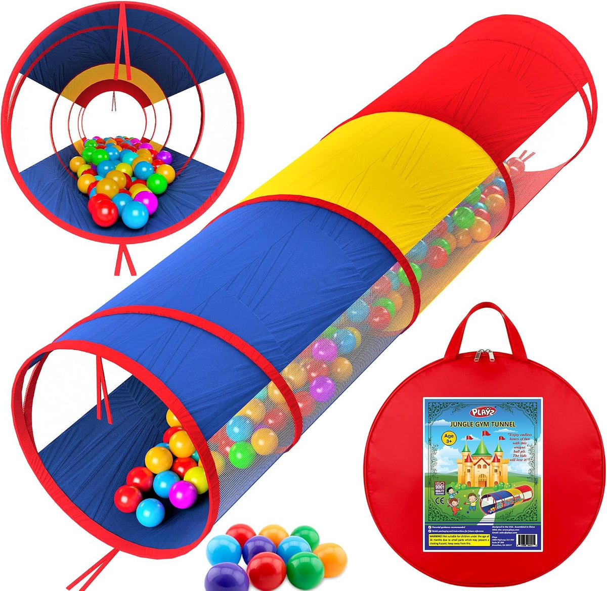 Playz Kids Play Tunnel Toys for Toddlers 1-3 - Yellow, Red, Blue