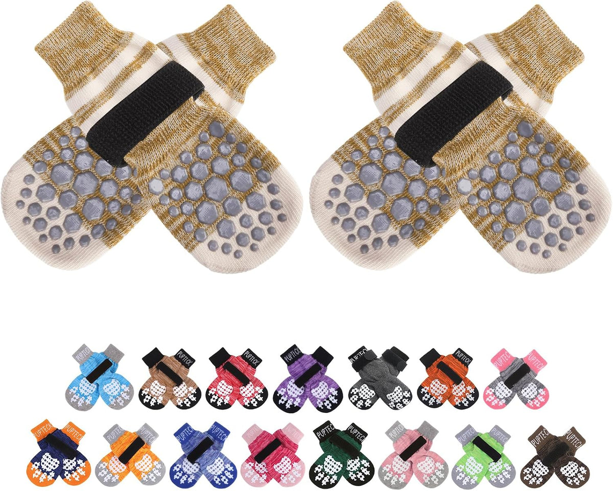 PUPTECK Anti-Slip Dog Socks with Double Sides Grips for Small Medium - Khaki(Striped) / X-Large (4 Count)