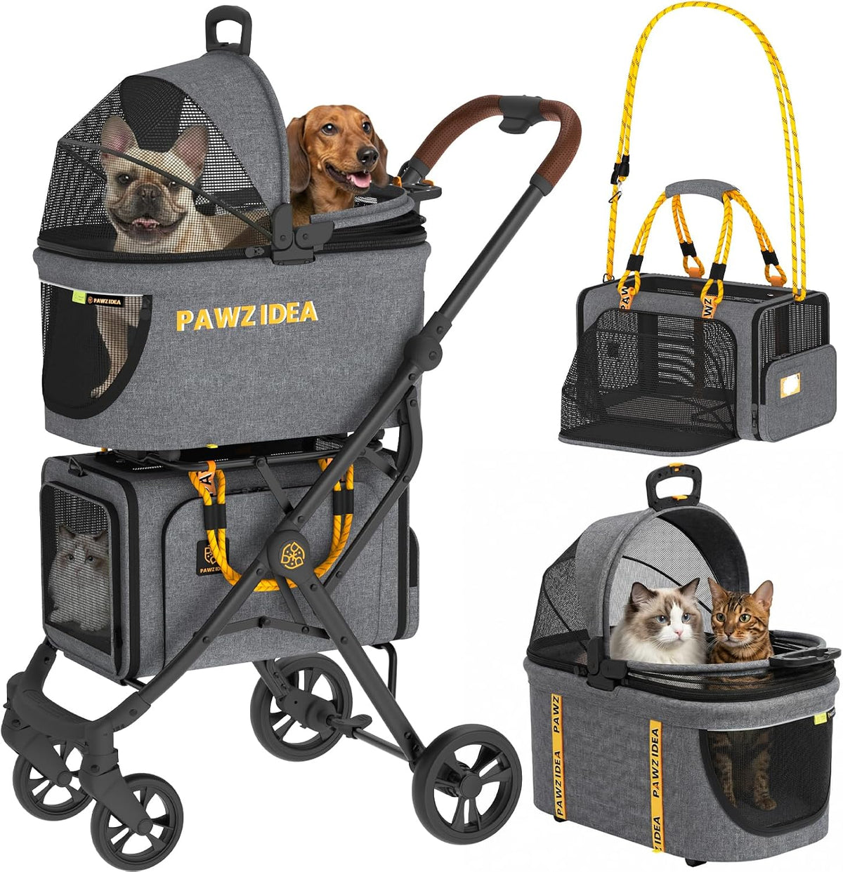 Double Pet Stroller with 2 Detachable Carrier for Multiple Pets – Essentials for Cats - Mid-Hemp Grey