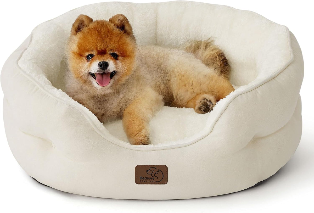 Bedsure Small Dog Bed Washable, Round Cat Beds for Indoor Cats - 25"L x 21"W x 8"Th / Ivory