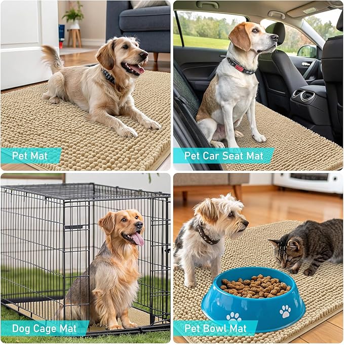 OLANLY Dog Door Mat Set 4-Piece 36x24, Absorbs Moisture and Dirt, Absorbent Non-Slip Washable Doormat, Quick Dry Chenille Mud Mat for Dogs, Entry Indoor Entryway Carpet for Inside Floor, Beige
