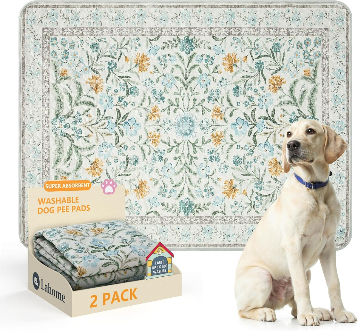 Lahome Botanical Washable Reusable Pee Pads for Dogs, 36x48 - Blue-02 / 3FT x 4FT (Pack of 2)
