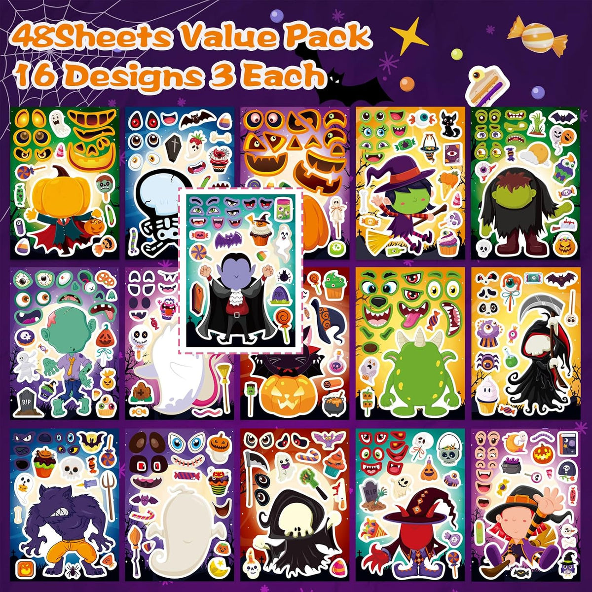 48PCS Halloween Make-a-face Stickers Halloween Characters Stickers - Halloween 16 Style - image 2