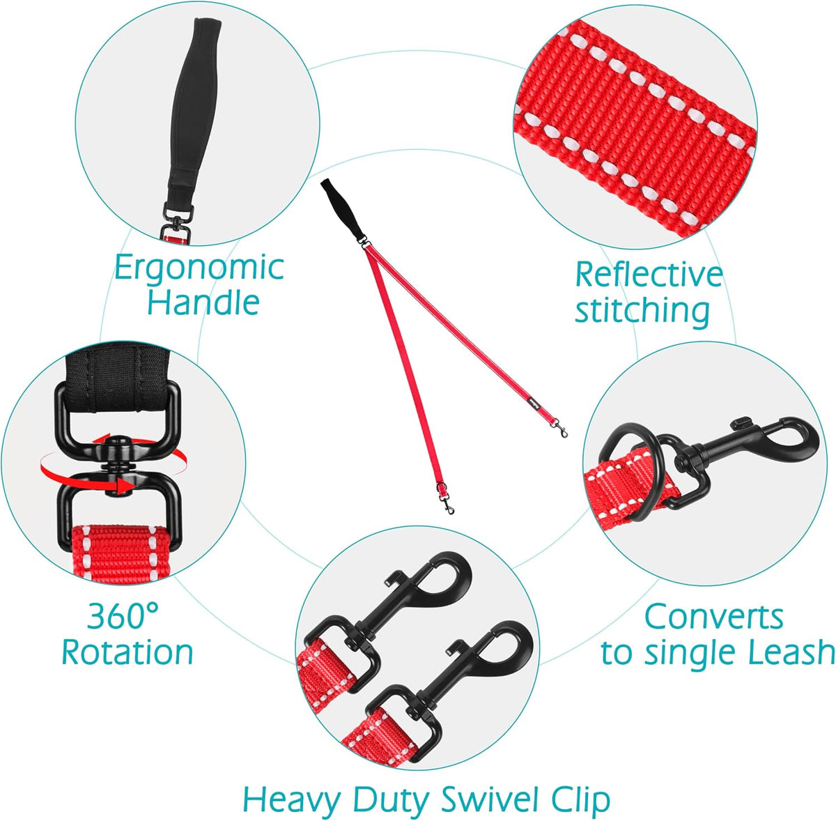 Two Point Control Dog Leash, No Tangle Training Walking Leashes – Essentials for Dogs - Red - image 3