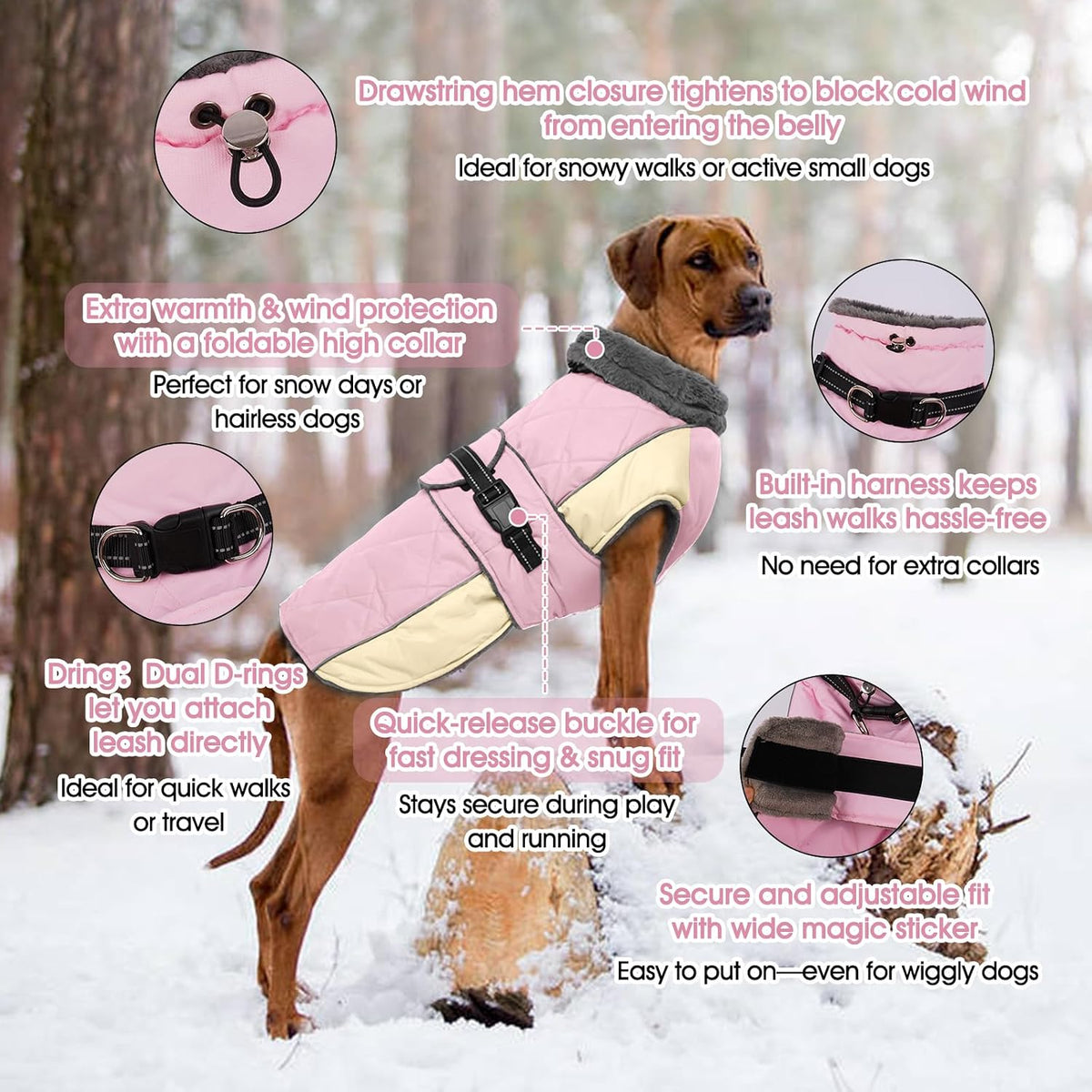 QBLEEV Warm Dog Jacket, Waterproof Dog Winter Coat with Harness – Essentials for Dogs - Pink / Medium - image 2