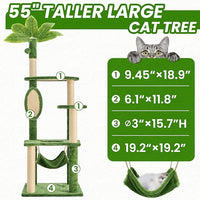 55 Inch Large Cat Tree Tower for Indoor Cats with Hammock Green Leaves Sisal Scratching Post, Plush Hang Ball Play Furniture for Kittens & Adult Cats,New Green